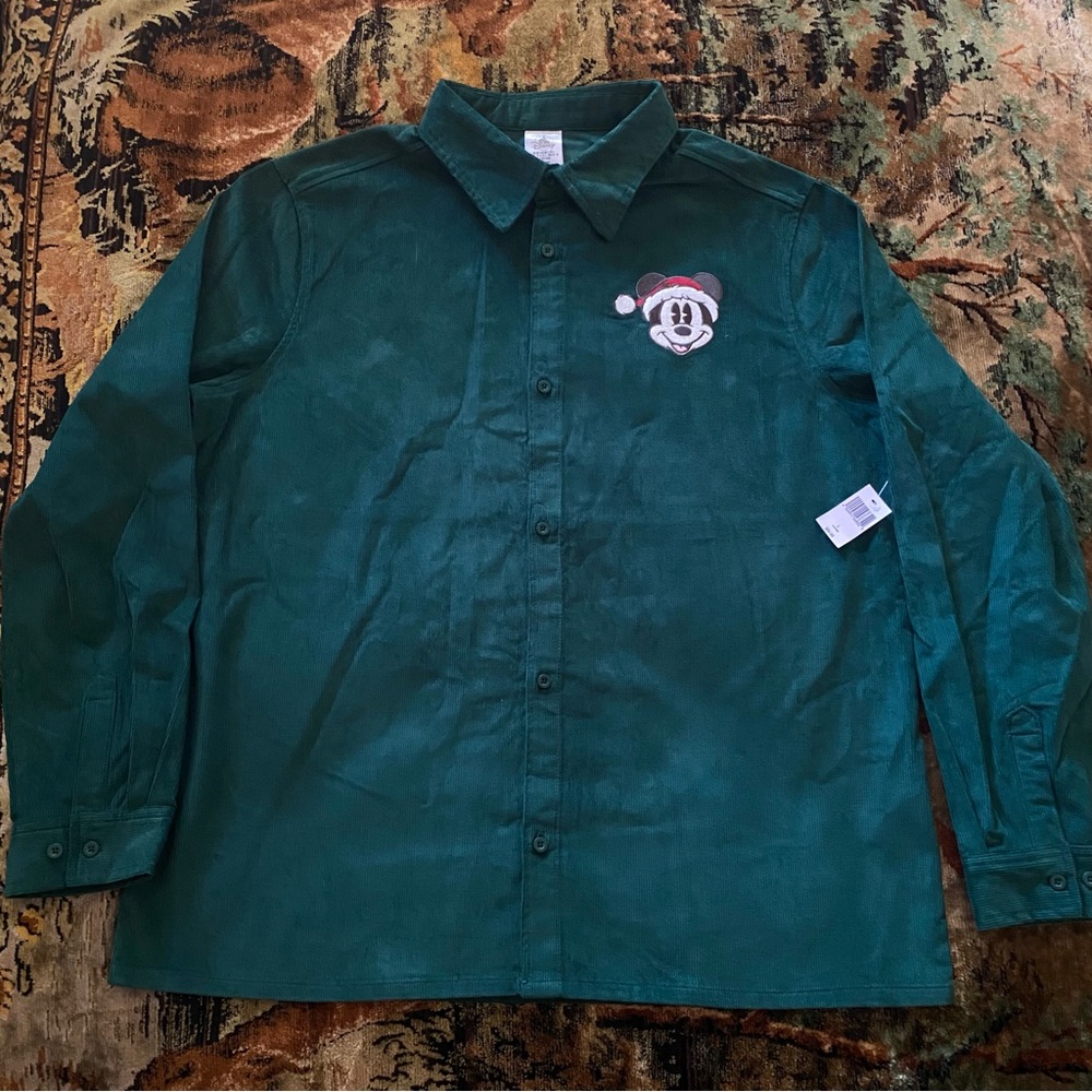 Disney Shirt Adult Size Large Green Mickey Mouse Christmas Santa Corduroy NEWW